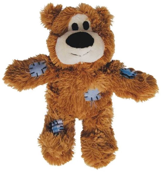 Bruine teddybeer met opgestikte blauwe pleisters op armen en benen. Zwarte neus, crème snuit.