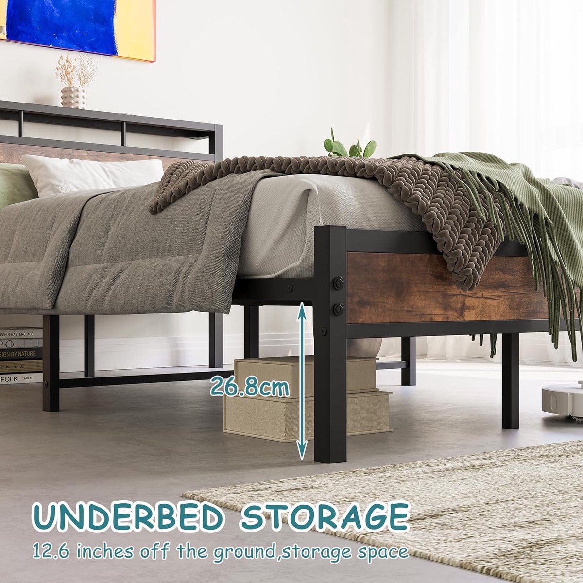 Industrieel Metalen Bedframe 120x200 cm - Twijfelaar met Rustiek Houten Hoofdbord, Opbergplanken en Lattenbodem - Vintage Design Logeerbed & Tienerbed - Zwart Gepoedercoat Staal