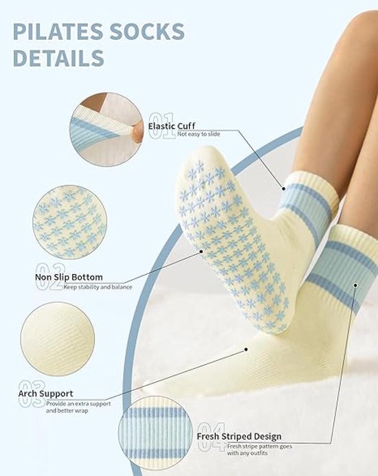4 Paar - Dames Antislip Yoga Pilates Sokken - Blauwe sokken - Antislip sokken - Yoga Sokken - Ademend Katoenen Enkelsokken met Grip - Voor Ballet, Dans, Fitness & Dagelijkse Workouts van Merkloos — afbeelding 3