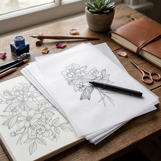 Een stapel wit transparant papier met bloementekeningen ligt op een houten tafel, naast kunstbenodigdheden.