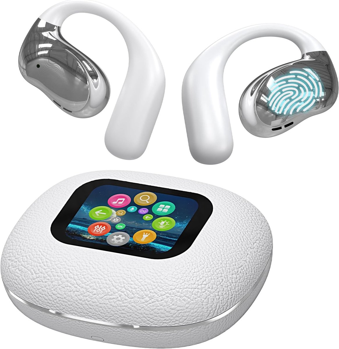 Open Ear Earbuds Ultra Comfort Draadloze Bluetooth 5.4 Hoofdtelefoon Over-The-Ear Oordopjes met Intelligent Touchscreen Oorhaakjes IPX7 Waterdicht Bone Conduction Oordopjes voor Fitness en Sport - Wit