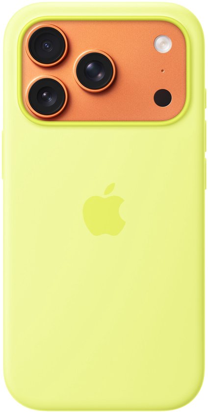 Coque iPhone 14 Pro jaune fluo avec îlot caméra orange et logo Apple.
