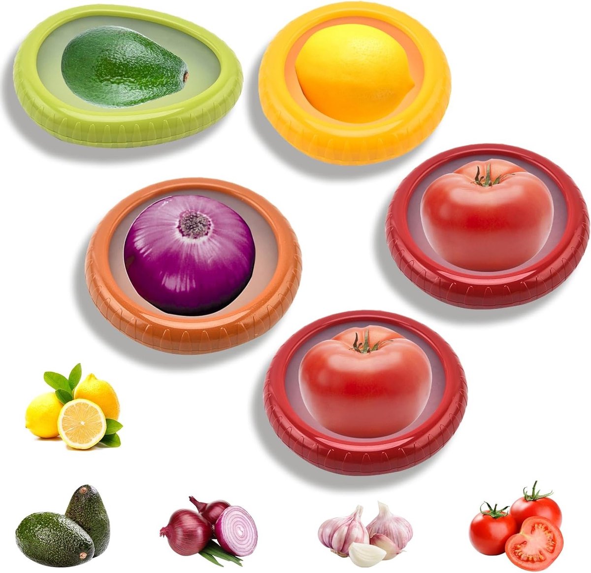 Set van 5 Lekvrije Voedselopslagcontainers voor Fruit en Groenten - Herbruikbare, Luchtdichte Tray voor Langdurige Bewaring van Groenten, Citroenen, Tomaten en Avocado's