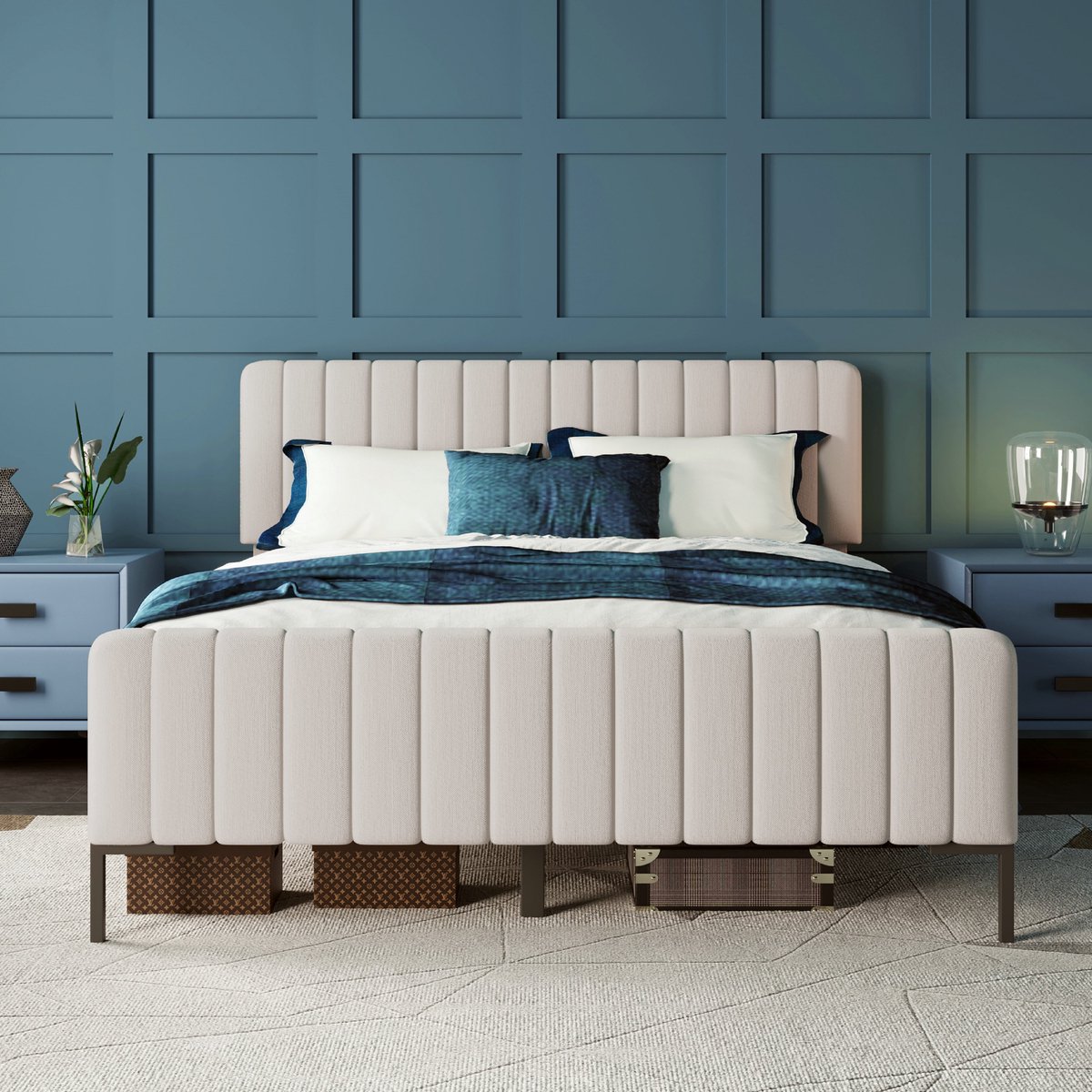 VVBV Gestoffeerd bed 160x200 / Tweepersoonsbed 160x200 – Gestoffeerd Tweepersoonsbed – met Lattenbodem – Hoofdbord – Tienerbed – Linnen – Grijs Grijs Beige
