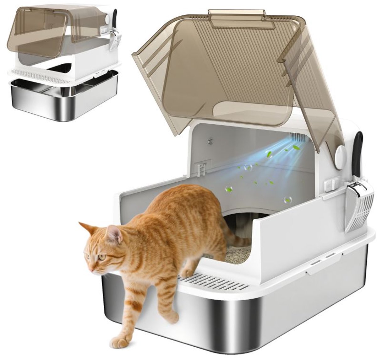 Gesloten RVS Kattenbak - Kattenbak met Deksel en Schep - Extra Groot voor Grote Katten - 70x50x46,5 cm - Wit