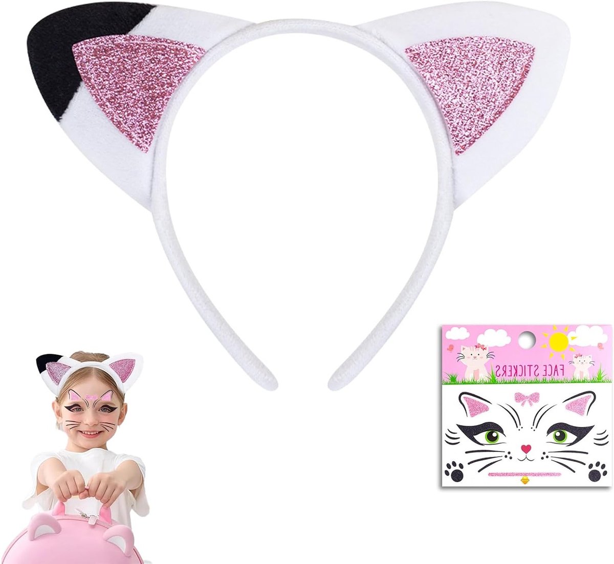 Kattenkostuum accessoires met oren, haarband en gezichtstickers voor carnaval en cosplay feestjes