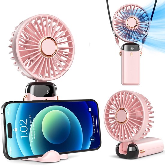 Roze draagbare handventilator oplaadbaar met 5 snelheden, digitaal display, 90° verstelbaar, inclusief basisstation