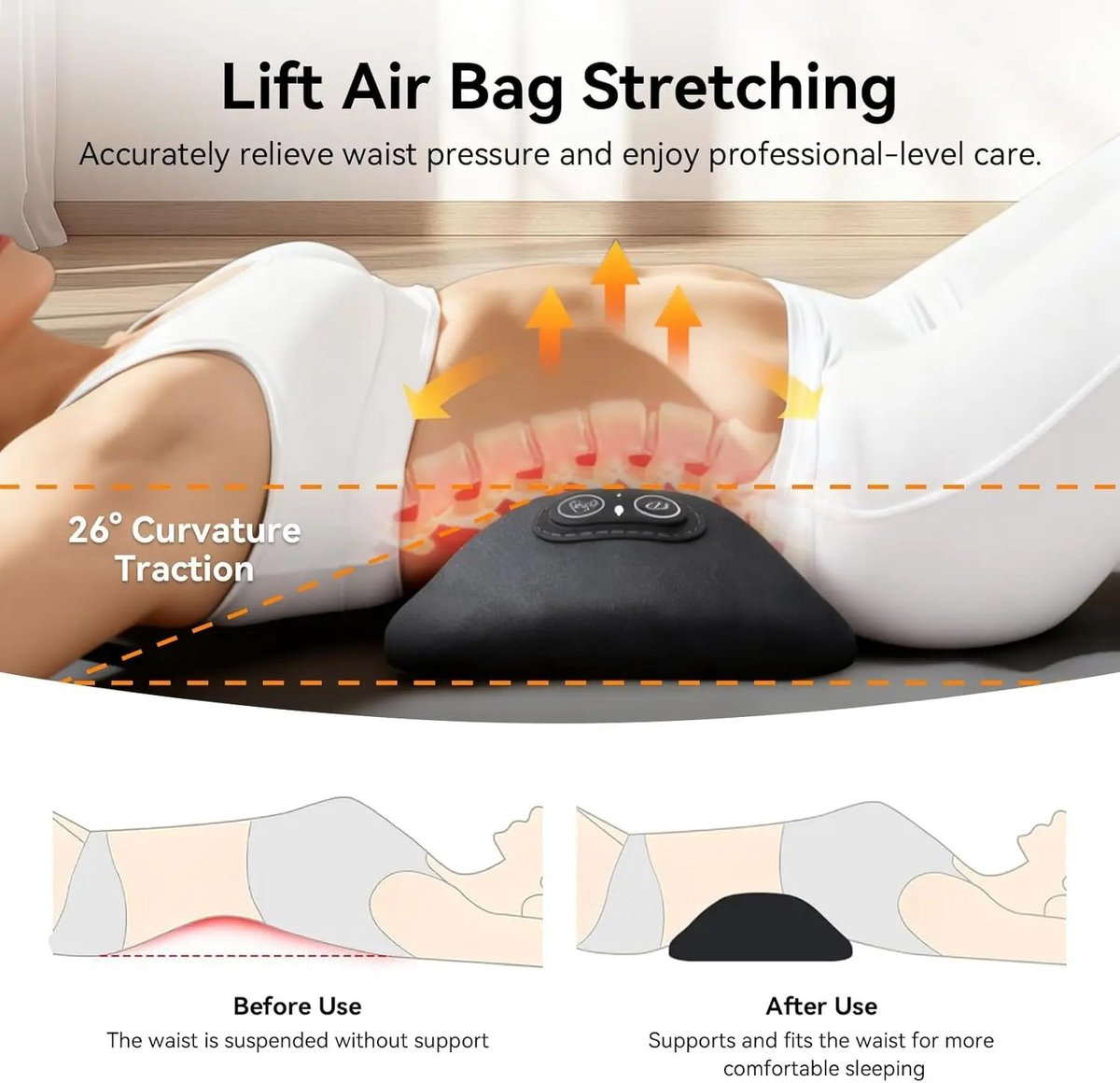 Ergonomische 3-in-1 rugmassager - Elektrische lendenmassage met warmte, vibratie, tractie en lendensteunkussen voor diepe rugmassage en ontspanning, geschikt voor bed en stoel. – foto 5