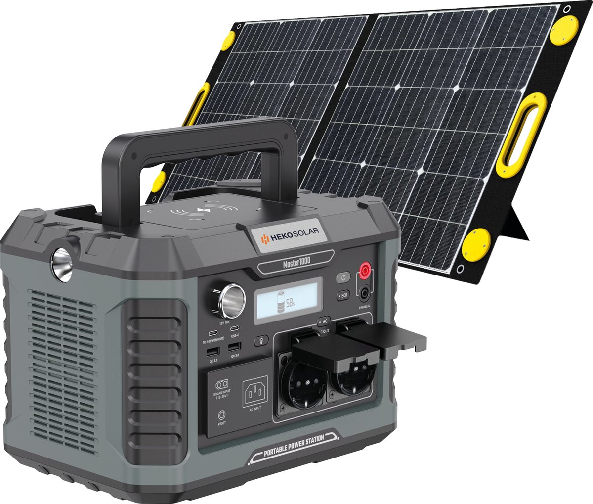 HEKO Solar Master 1000 V2 + Unfold 100 - Powerstation met Zonnepaneel - 1000W (2000W piek) - 808Wh Capaciteit - 100 Wp Zonnepaneel - Draagbaar - Generator - Voor Noodpakket, Stroomuitval, Kamperen en Outdoor