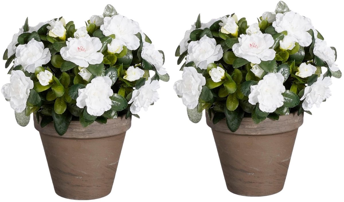 Mica Decorations Kunstplant - 2x - Azalea - Wit - in pot - 31 cm - nepplanten - kunstbloemen