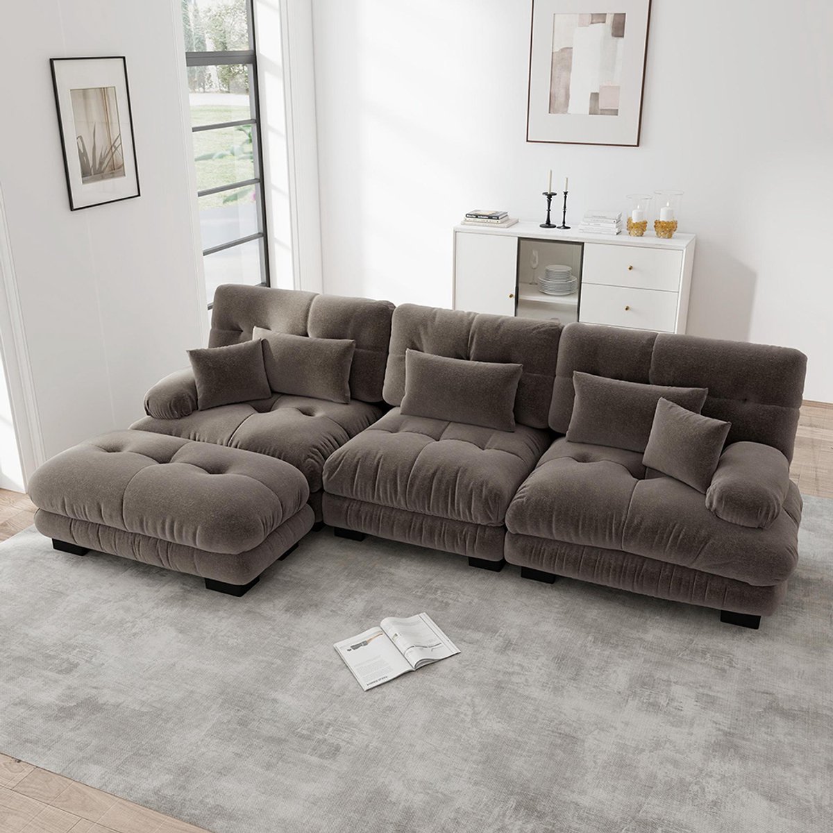 Komhtom Luxe modulaire hoekbank – Reusachtige L-vormige Cloud-bank voor de woonkamer, Diepe slaapbank met chaise longue, Cordé, Bruin chenille