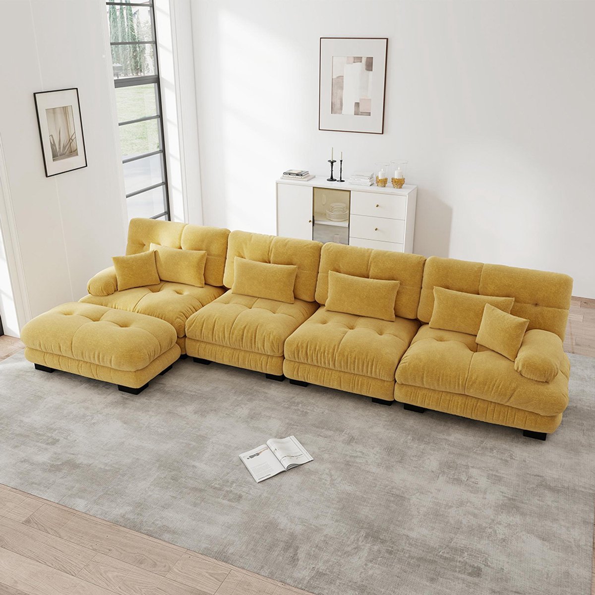 Komhtom Modulaire hoekbank, L-vormige bankstel voor de woonkamer, Comfortabele Cloud-bank voor 4 personen met afneembare chaise longue, DIY-combinatie, Geel