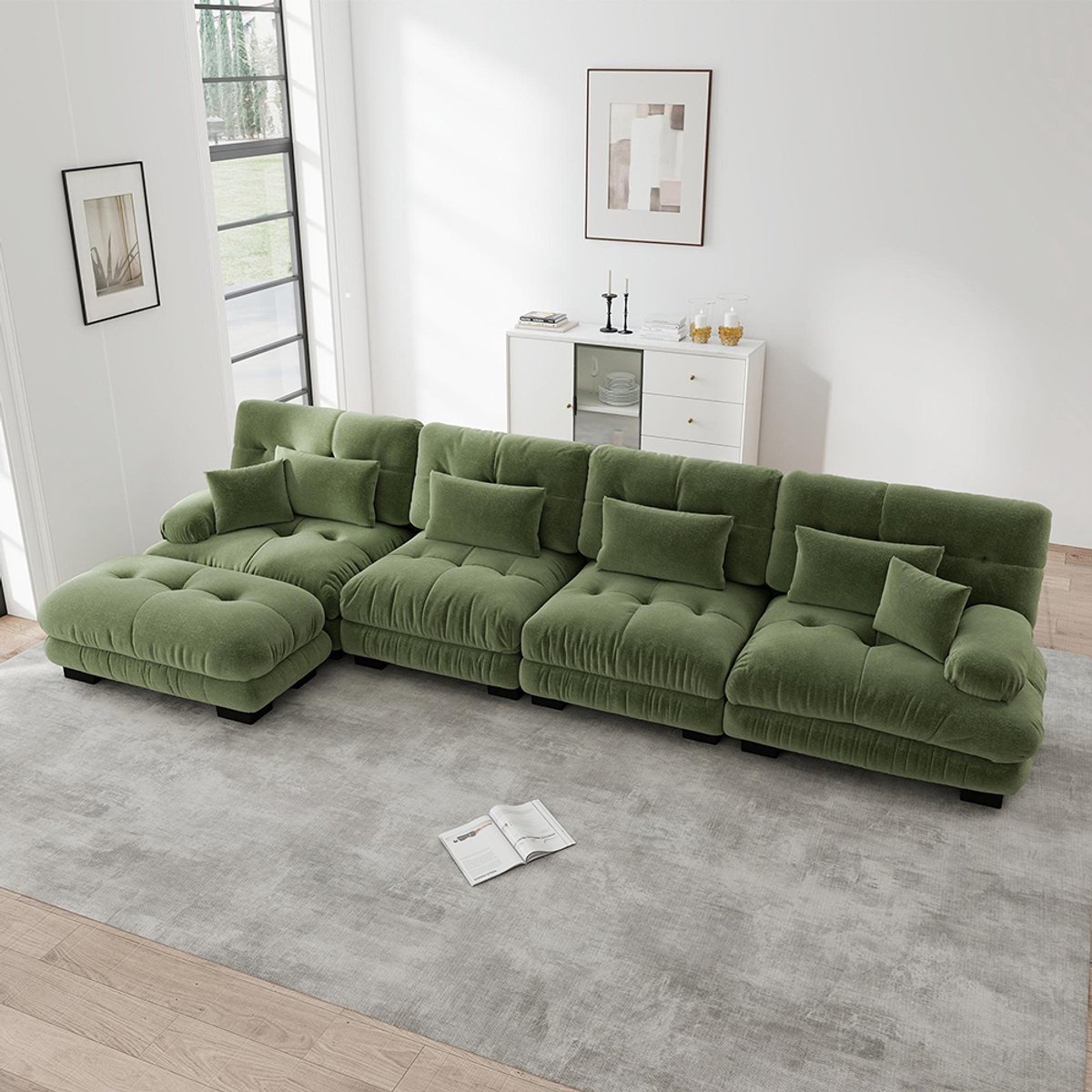 Komhtom Modulaire hoekbank, L-vormige bankstel voor de woonkamer, Comfortabele Cloud-bank voor 4 personen met verplaatsbare chaise longue, DIY-combinatie, Chenille, Groen