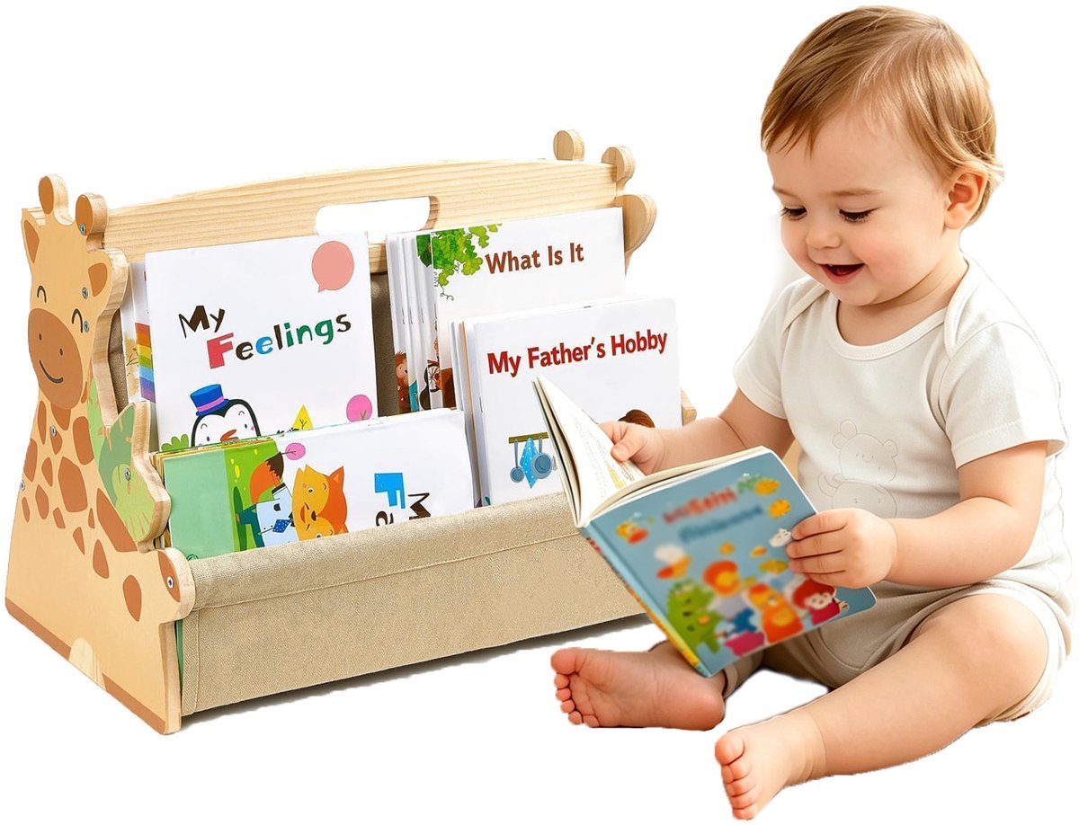 Houten peuter boekenplank - Dubbele zijde met 4 lagen diepe vakken - Schattig Montessori boekenrek voor kinderkamer, speelkamer en klaslokaal - Eenvoudig te monteren - Giraffe