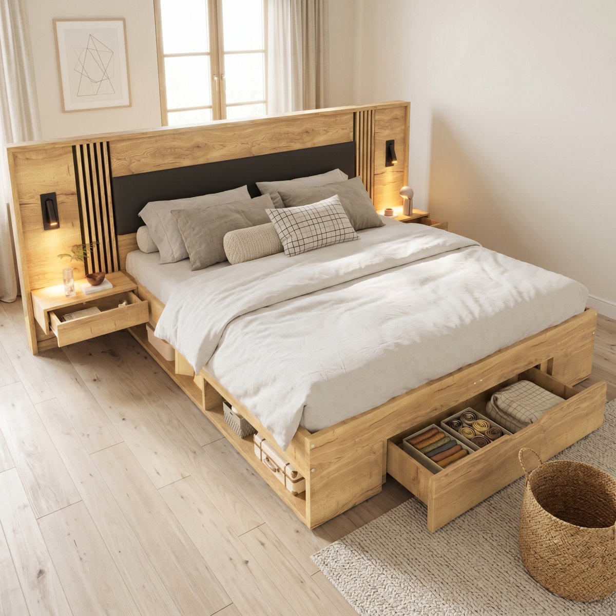 Sweiko Tweepersoonsbed - 180 × 200 cm - Opbergruimte - Inclusief leeslampjes - 2 nachtkastjes - Met lades - Natuurlijke + Zwart