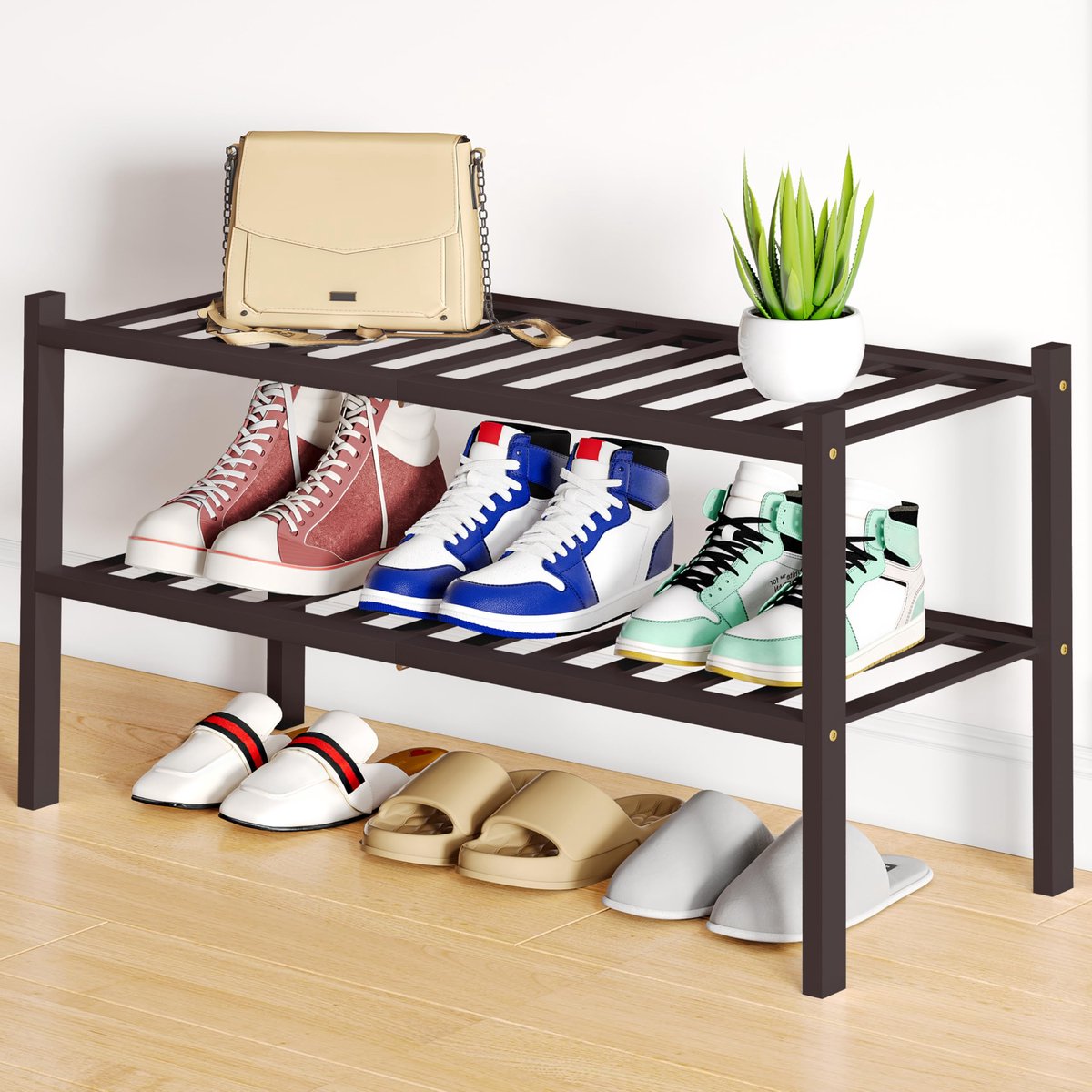Homaxy Schoenenrek (2 niveaus) - Bamboe Schoenenrek - Houten Schoenenkast -Schoenenrek hout - 68x28x33cm - Bruin