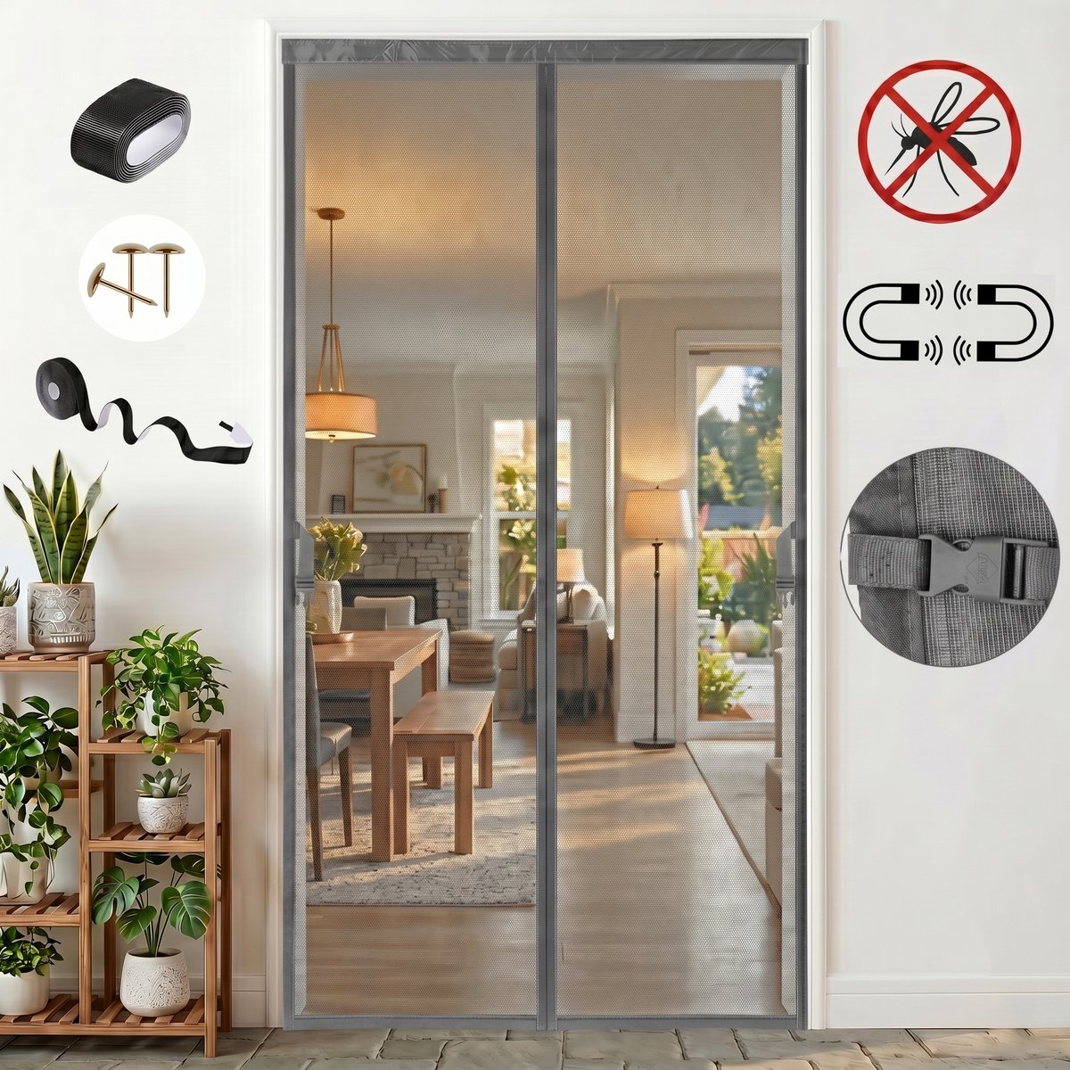 MUPOO Vliegengordijn Magnetisch – Hor Deur Schuifdeur met Verzwaarde Zoom- Zelfsluitend & Zonder Boren -hordeuren voor Schuifpui & Franse Deuren- 97x210 cm -grijs-2 stuks