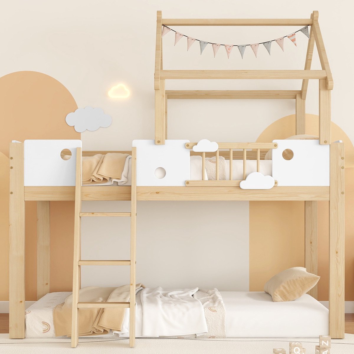 VVBV Hoogslaper 90x200 / Kinder hoogslaper – Grenenhout – met Trap, Opbergruimte, Ladder – MDF – Wit – Ladder en Veiligheidshek Wit + natuurlijke