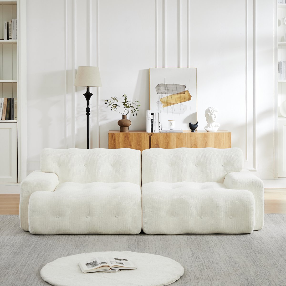 Zubaliya Cloud Sofa, Extra Grote Tweezitsbank – Brede Armleuningen en Modern Design met Knoopdetails, Gebogen Bank, geschikt voor Woonkamers en Appartementen, Geen Montage Nodig-A-Beige
