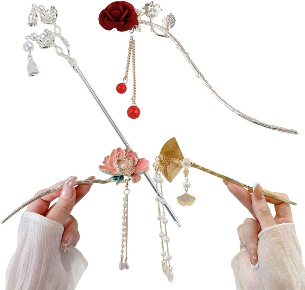 Set van 4 grote haarspelden voor haardecoratie met vintage opal bloemenontwerp