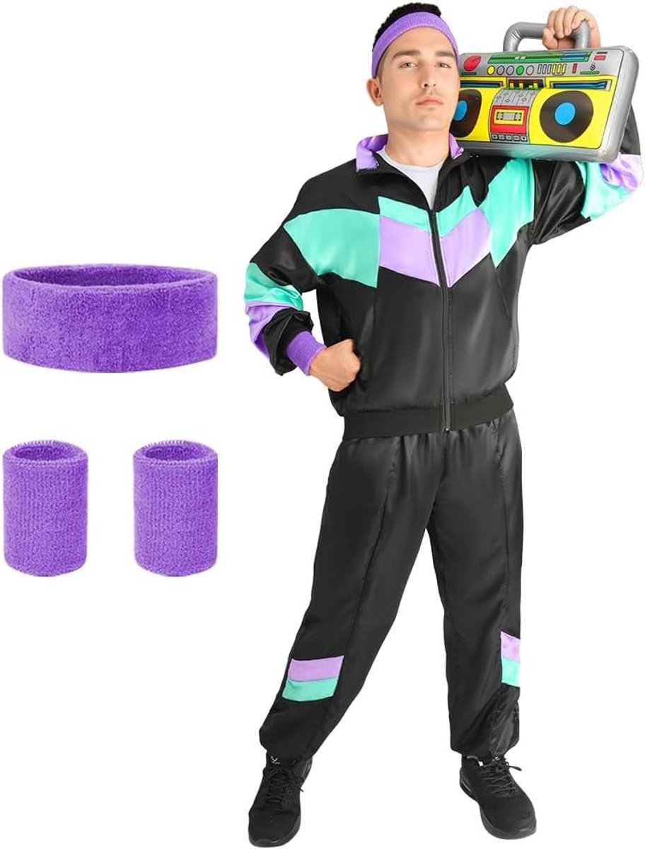 Retro 80s Tracksuit voor Mannen en Vrouwen - Disco Kostuum met Jack, Broek, Accessoires en Polsband voor Carnaval en Halloween Cosplay