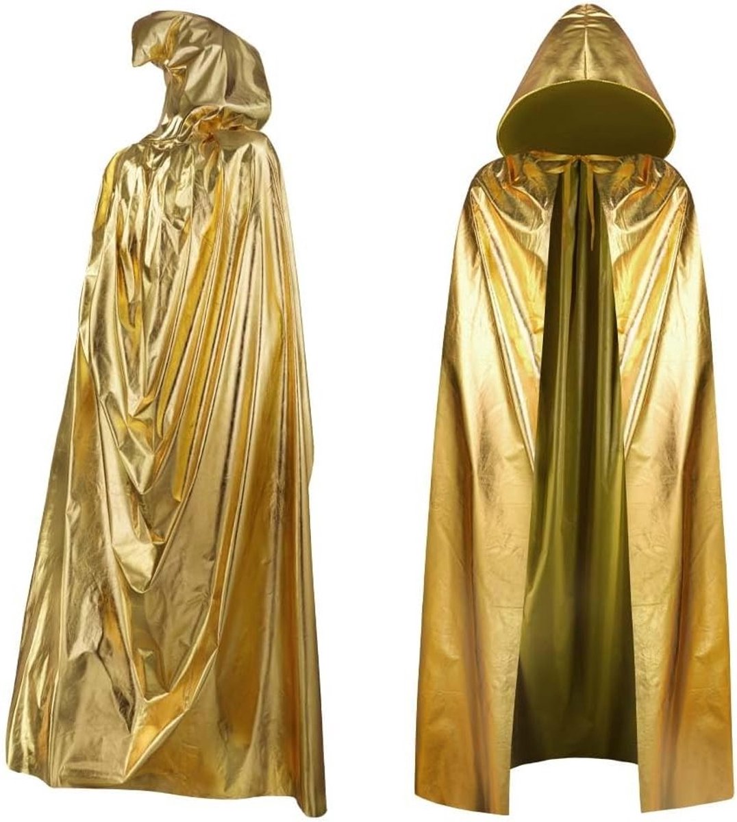 Gouden Gecoate Kapmantel voor Volwassenen, Metallic Shiny Cape voor Halloween, Unisex Volledige Lengte, Luxe Kostuum voor Feestdagen en Theatrale Optredens