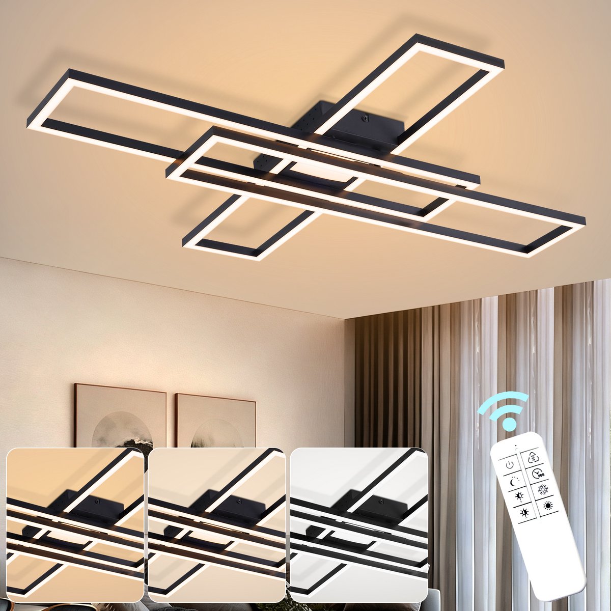 NETTLIFE - Moderne LED Plafondlamp - 56W - Traploos Dimbare - Zwart - Rechthoekig Design - Plafondverlichting Voor Woonkamer Slaapkamer Keuken Kantoor