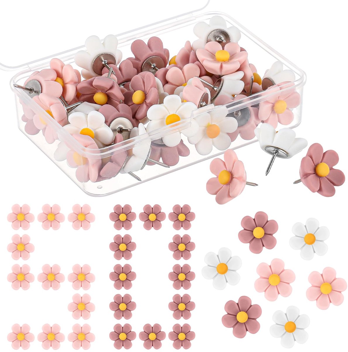 carmdering - Duimspijkers - Prikknopjes - Bloem Duimspijkers - Set van 50, 2 cm, hars en metaal - Roze, wit, lila - Met opbergdoosje - Perfect voor prikbord, notities en foto's - Mooi cadeau