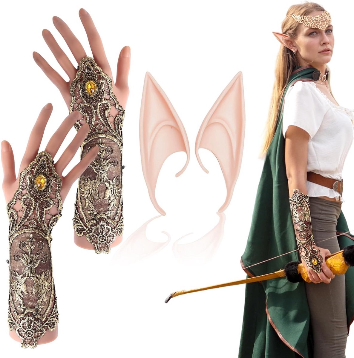 Pack van 2 Elf Oren en Handschoenen voor Renaissance Kostuum - Perfect voor Halloween, Kerst en Feestjes