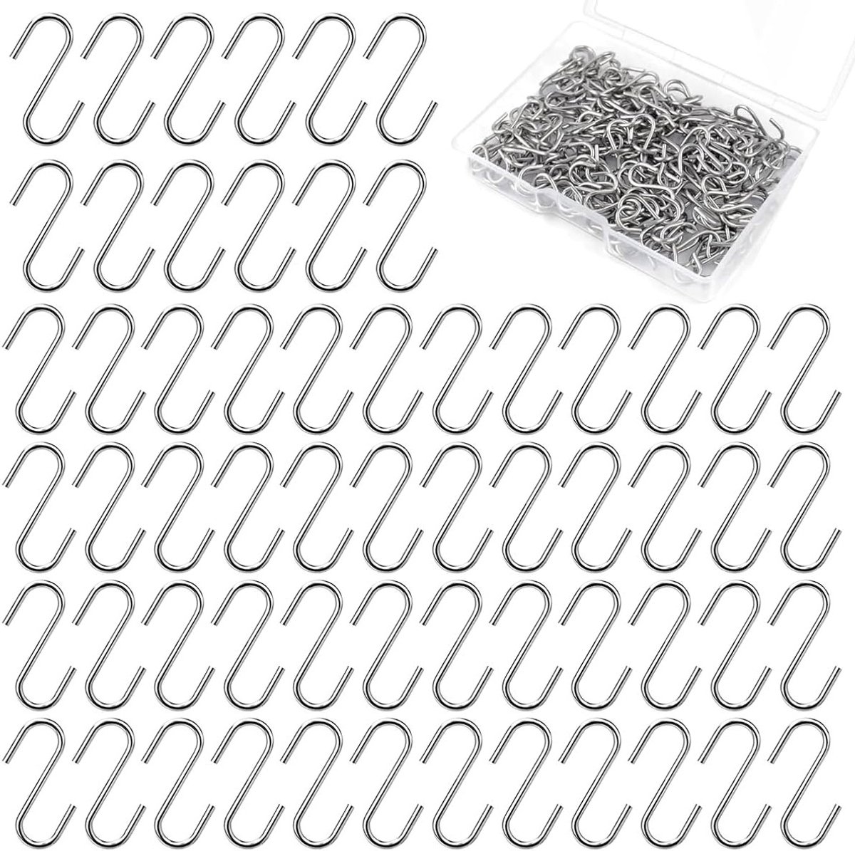 200 Mini S-Haakjes, 2mm Kleine S-Vormige Haakjes met Opbergdoos, Herbruikbare Metaalhaakjes voor Sieraden, Sleutels en Labels, Zilver