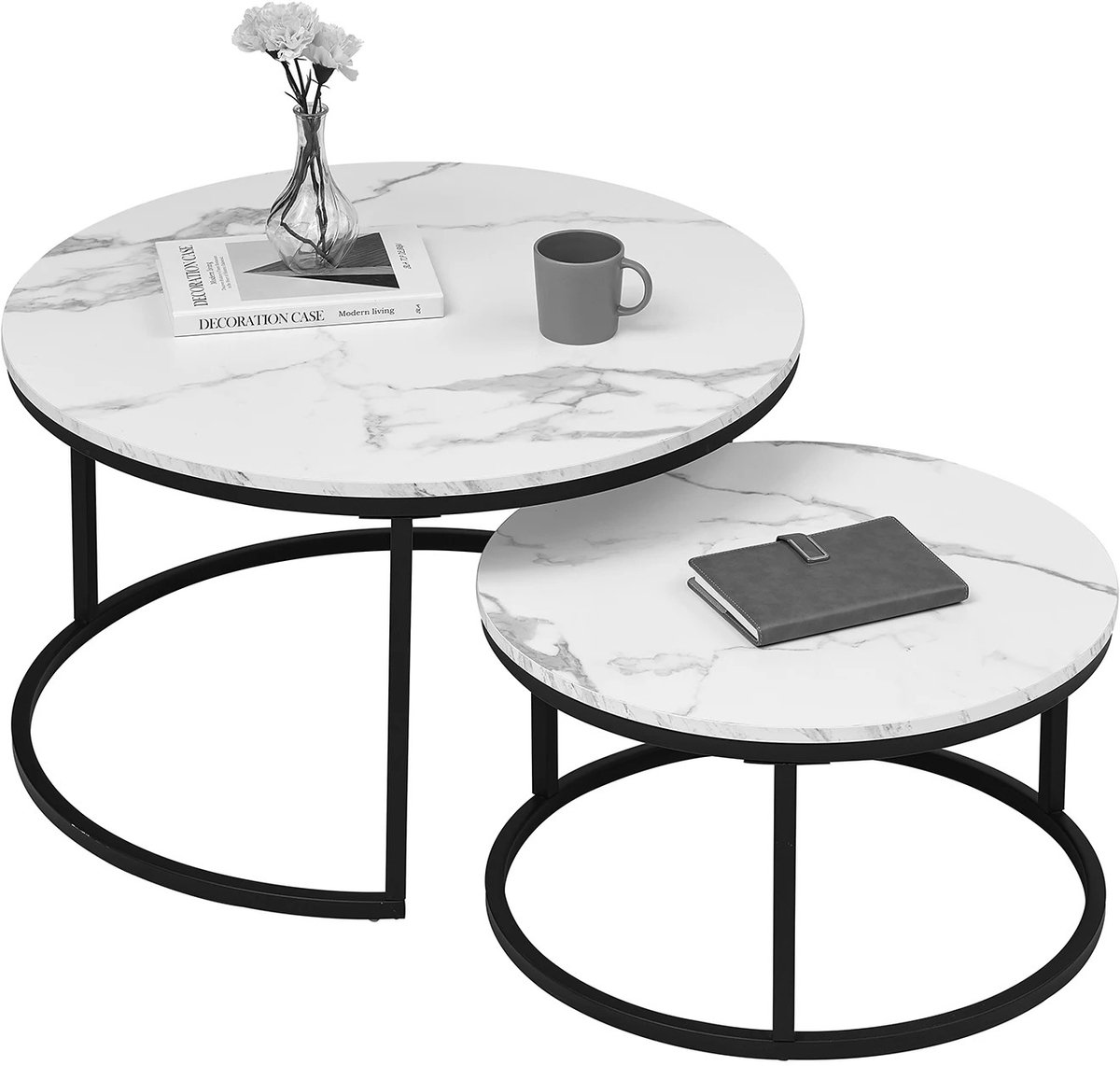 uJOY Ronde salon tafel - Set van 2 - Bijzettafel - Modern en tijdloos design - Multifunctioneel gebruik - Compact en ruimtebesparend Wit marmer blad met een zwart frame