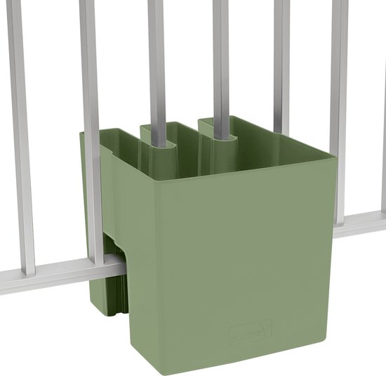 Olijfgroene plantenbak voor balkonsijlen, met uitsparing voor bevestiging.