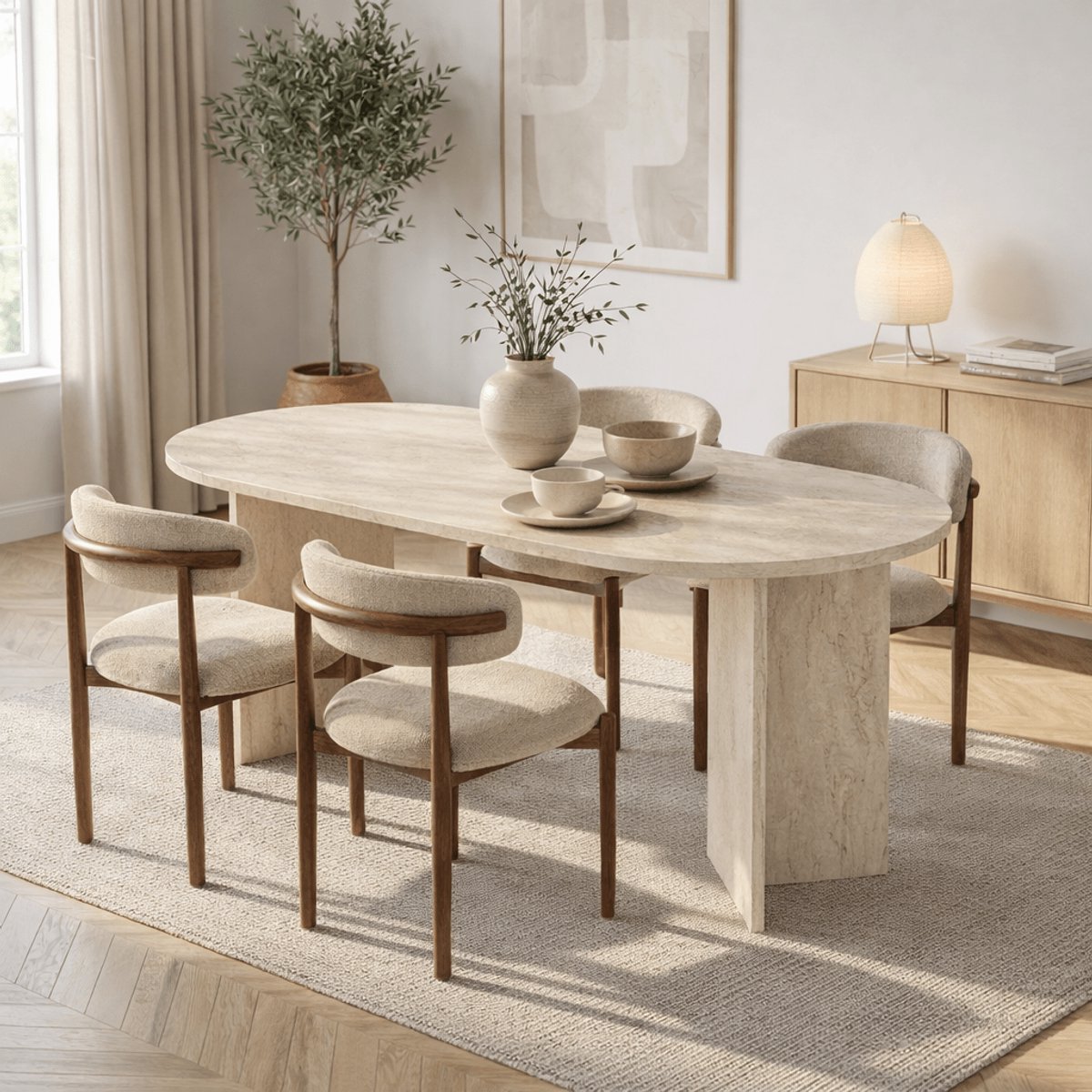 Dimehouse Ovale eettafel travertin melamine - Japandi - 180x89,5x75 cm - Sota - Hout - Scandinavisch & Basic - Ovaal