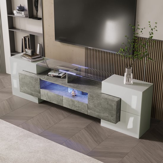 Tv-meubel met hoogglans witte zijkanten, betonlook grijze fronten en blauw LED-licht.