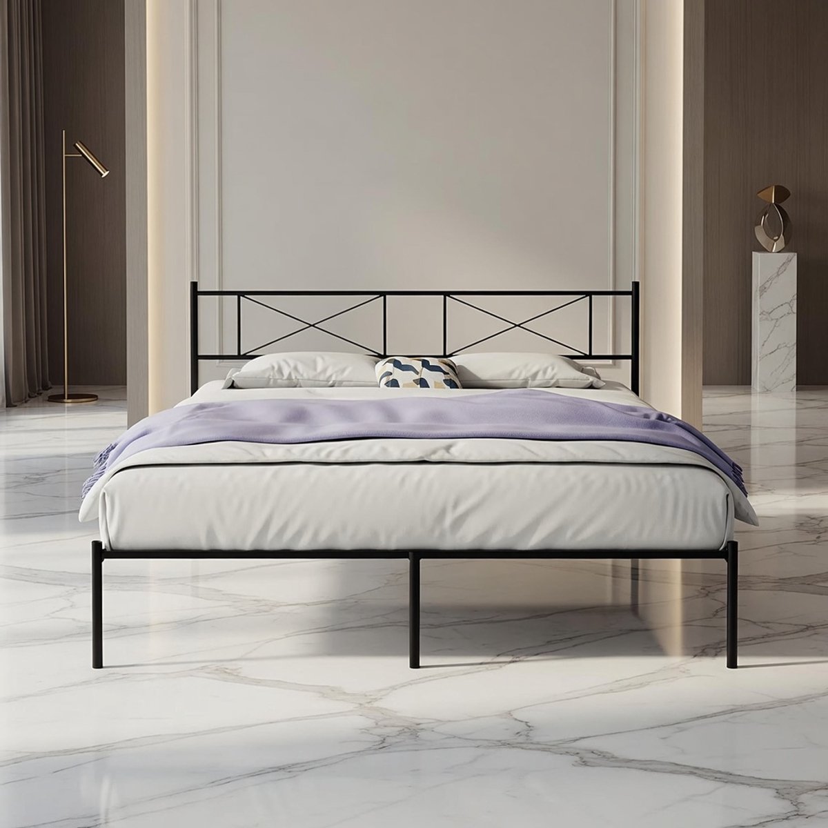 Metalen Bedframe 140x200 cm met Lattenbodem en Modern Hoofdbord – Zwart – Extra Opbergruimte 33 cm – Sterk tot 400 kg Draagvermogen – Eenvoudige Montage in 35 Minuten Mobili Bella
