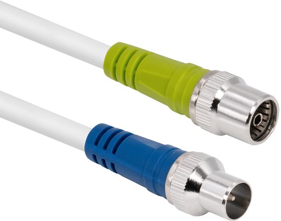 Witte coaxkabel met aan de uiteinden een groene en blauwe connector.