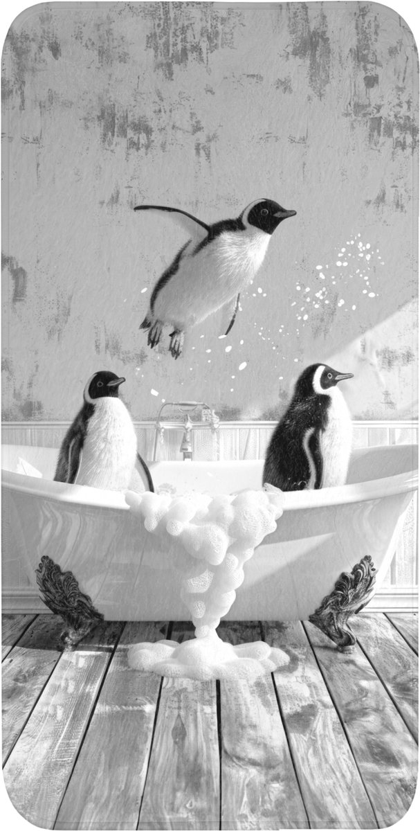 Badmat 60x120 cm - Antislip - Pinguïns - Vintage - Dieren - Zwart - Wit - Badmatten voor badkamer - Badkamermat - Douchemat - Badkamer mat