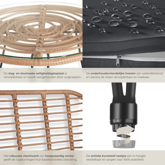 Details van de rotan tuinset: glazen tafelblad, waterafstotend kussen, rotan vlechtwerk en verstelbare voetjes.