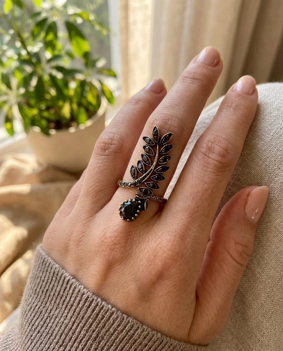 Dorvina Bronzen Dames Ring Antiek Sieraad Margazit Steen Bewerkt Damlatasli Blad Model Verstelbaar Vintage Ring