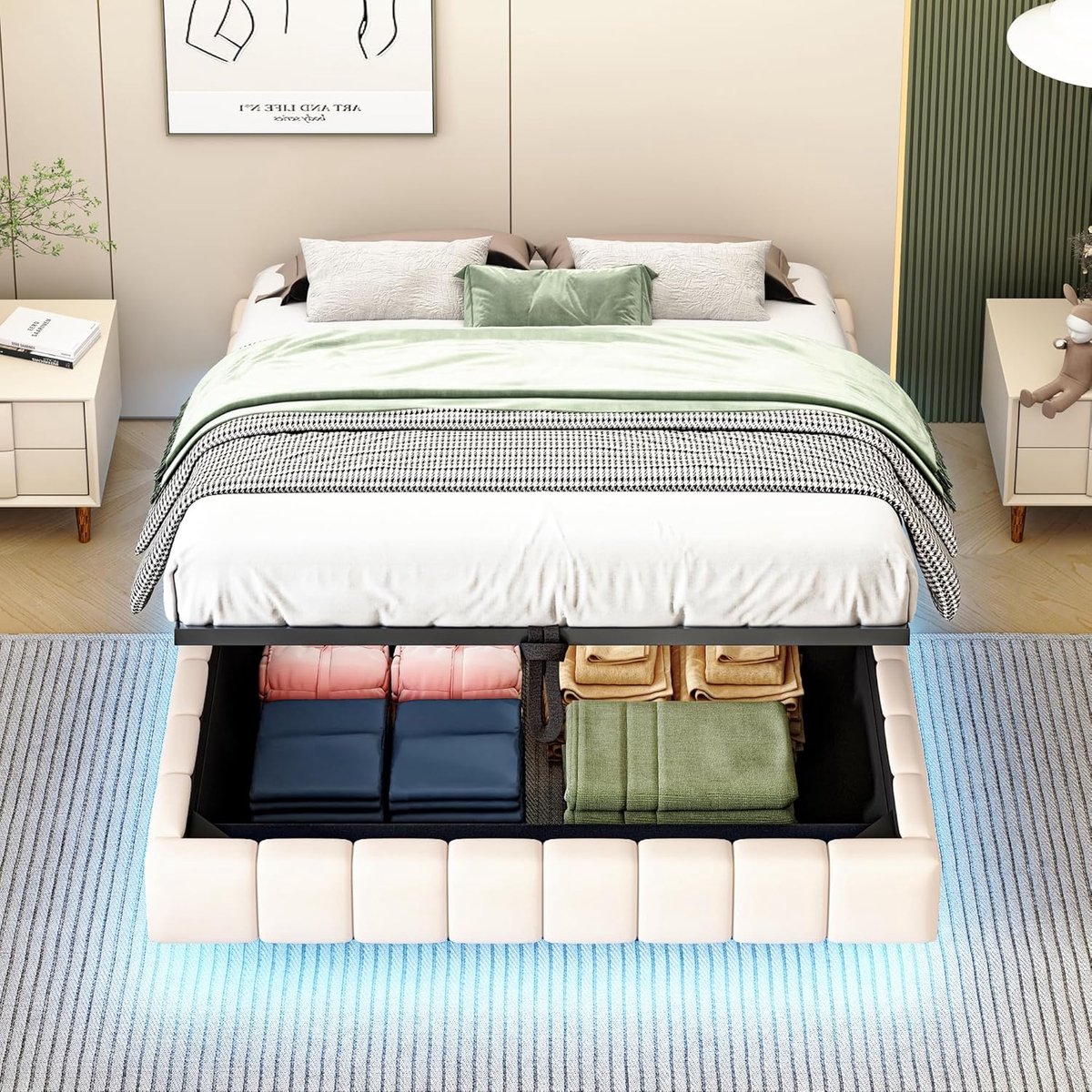Luxe Zwevend Opbergbed met LED & Hydraulisch Systeem 140x200 cm Beige Linnen – Ruimtebesparend Bedframe met Lattenbodem en Grote Opbergruimte – Zonder Hoofdbord & Matras