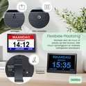 De digitale klok is VESA-compatibel en kan worden opgehangen of op een standaard worden geplaatst. De klok toont 14:12, 5 januari 2026.
