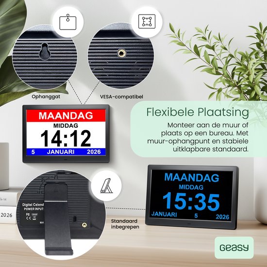 De digitale klok is VESA-compatibel en kan worden opgehangen of op een standaard worden geplaatst. De klok toont 14:12, 5 januari 2026.