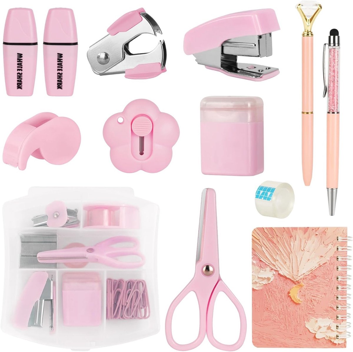Complete Kantoorbenodigdheden Set met Nietmachines, Scharen, Tape Dispenser, Heftapparaat, Notitieblok, Snijmes, Spiral Notitieboek, Balpen en Clipset - Roze Kleur