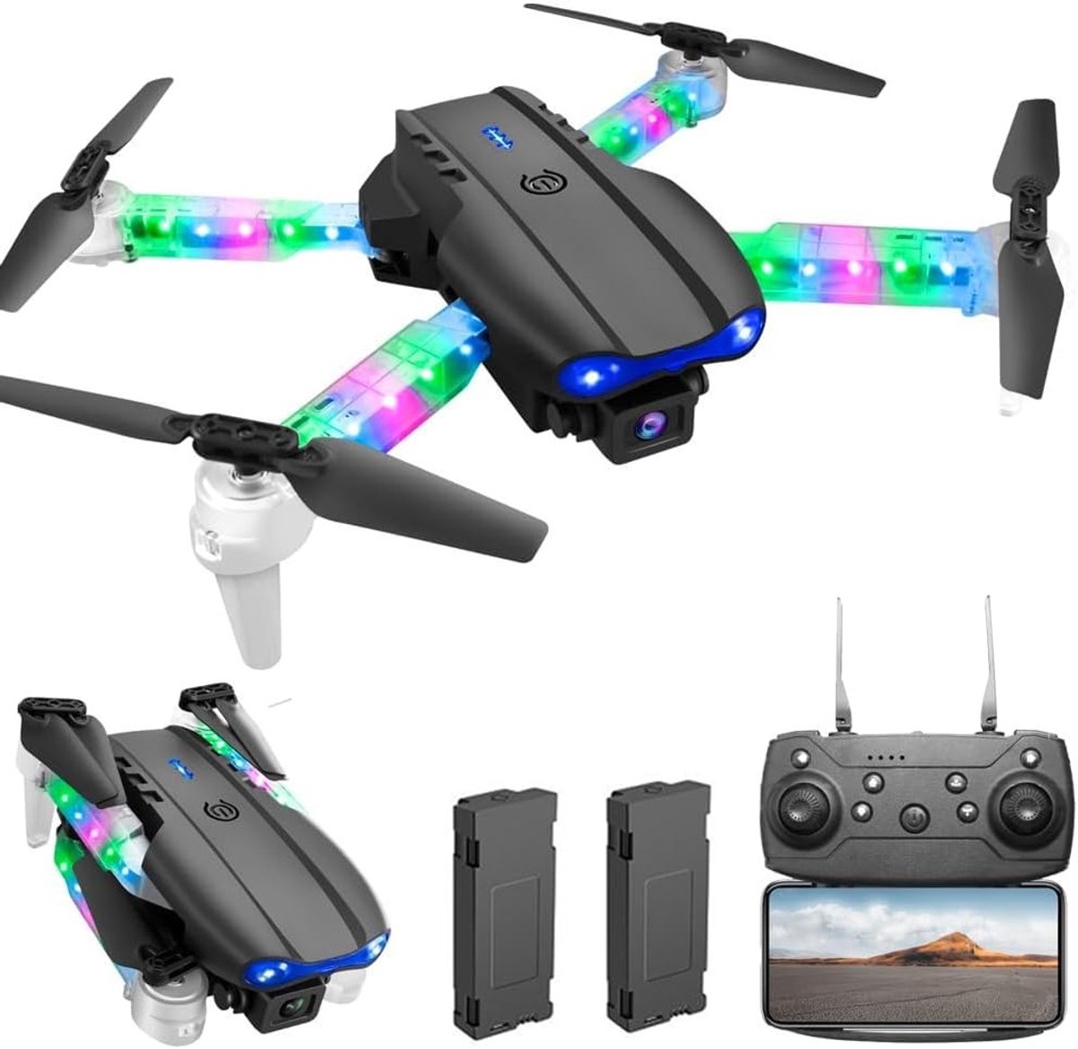 Vouwbare Quadcopter Drone met 1080P Camera en LED Lichten, Inclusief WiFi Overdracht, 3D Flips en 2 Batterijen, Geschikt voor Kinderen en Volwassenen, Perfect als Cadeau
