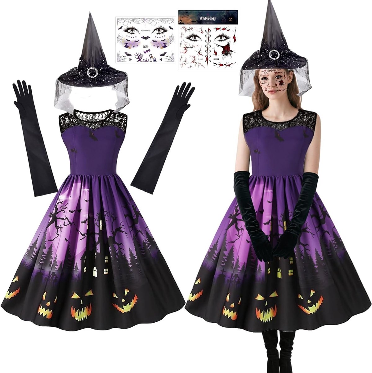 Vrouwelijk heksen kostuum 5-delig voor Halloween en carnaval met hoed, handschoenen en jurk, inclusief gezichtstickers en mouwloze jurk voor volwassenen