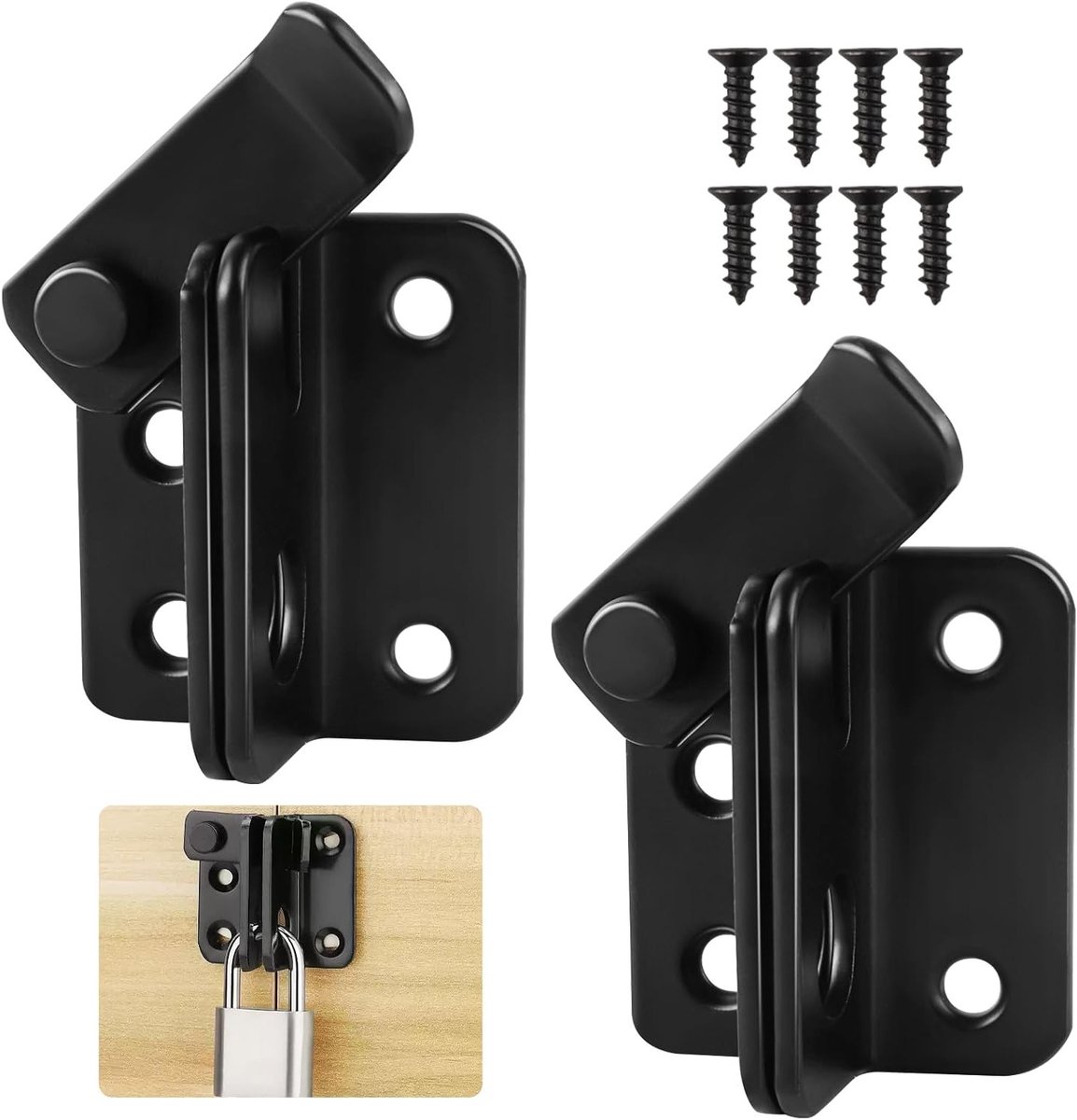 Set van 2 schuifsloten, 2-in-1 sluiting, roestvrijstalen deursluiting met slotgat, zwarte flip sluiting voor deuren, ramen en tuinhekken met 8 schroeven