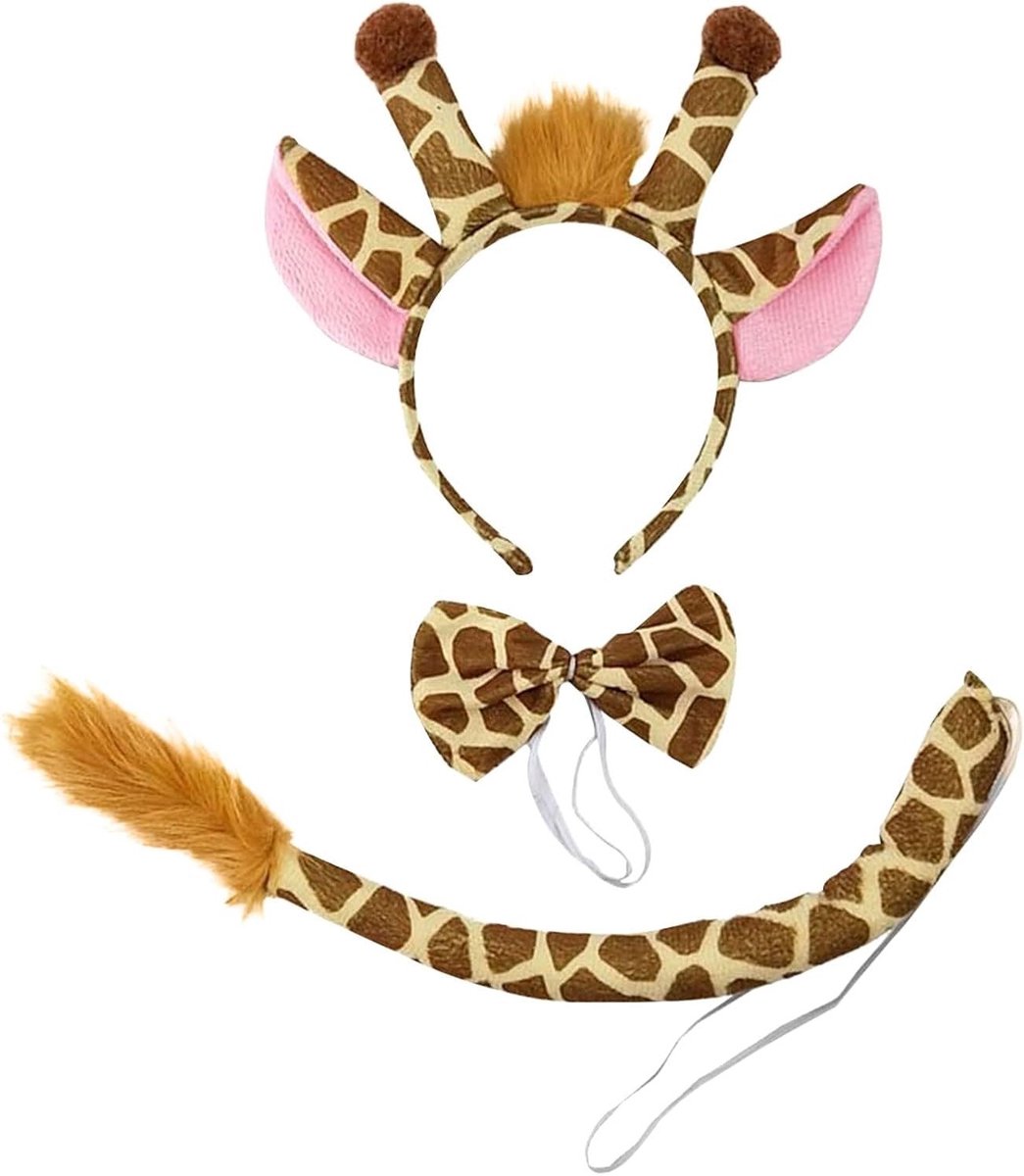 Giraffe Kostuum Set voor Kinderen met Hoofdband, Strik en Staart - Ideaal voor Carnaval, Halloween en Verjaardagsfeestjes - Oranje, One Size