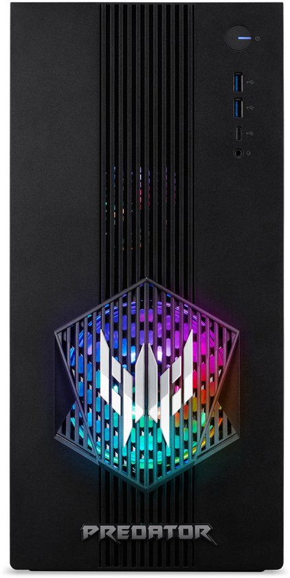 Zwarte Predator gaming pc front met verticale strepen, RGB logo en 'PREDATOR' opschrift.