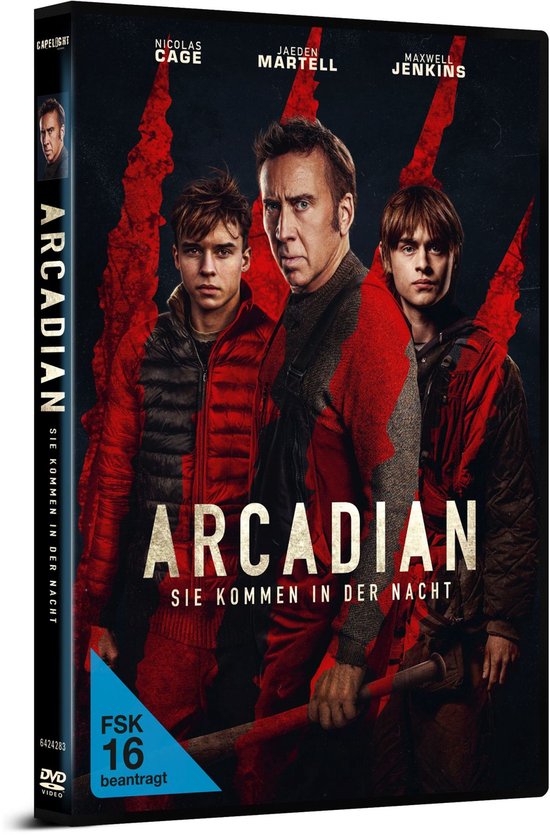 Voorzijde van de "Arcadian" DVD-hoes met Nicolas Cage, Jaeden Martell en Maxwell Jenkins, met FSK 16-logo.