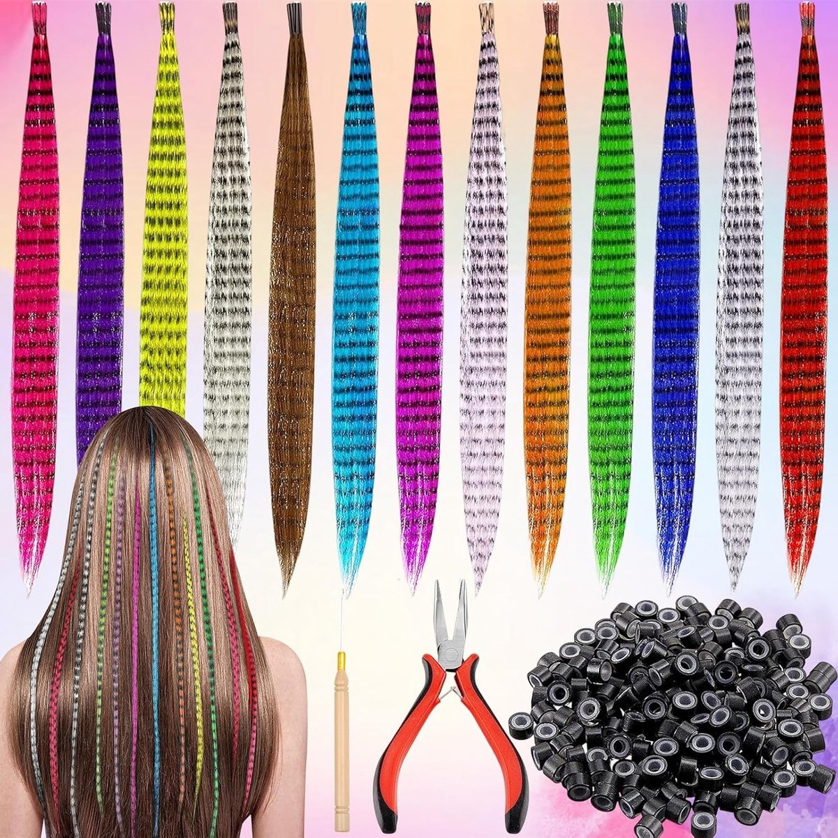 50 Kleurige Veer Haar Extensions Set met 1 Krultang, Haak en 100 Kralen voor Kinderen, Feestjes en Creatieve Haarstyling
